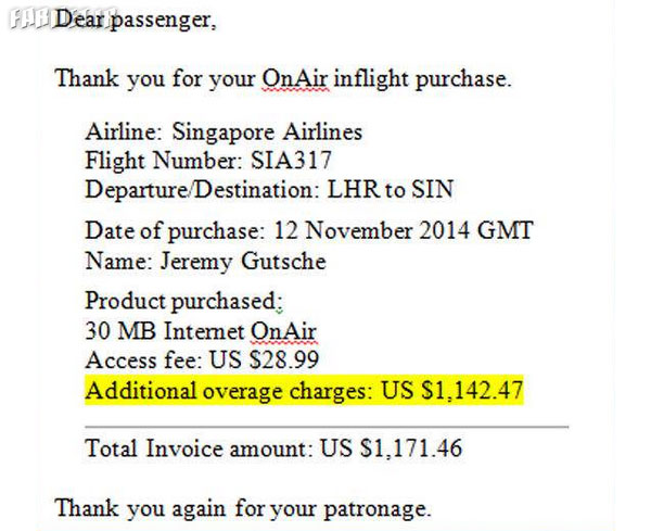 Passenger on Singapore Airlines flight is presented with $1171.46 bill for Wi-Fi service